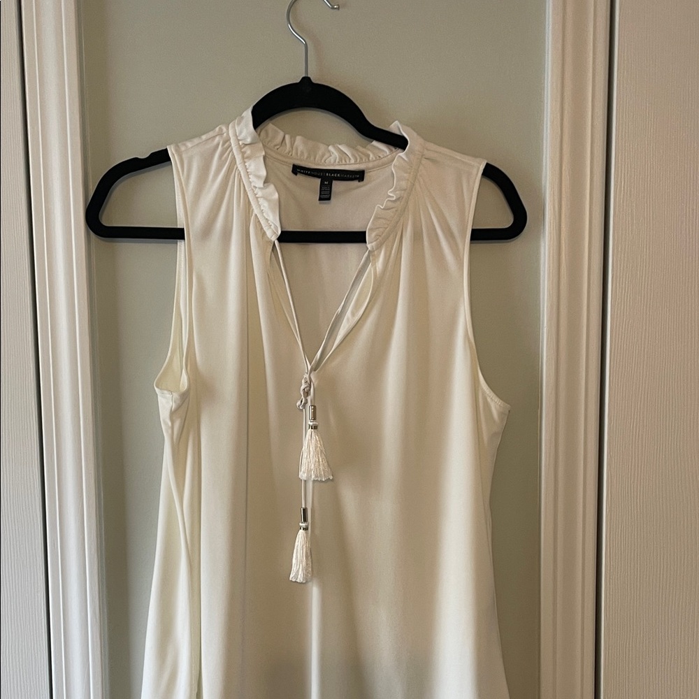 White House Black Market Ivory Sleeveless Blouse with Tassels